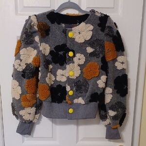 Unbranded Sz M, floral Textured Bomber Jacket With Long Puff Sleeves